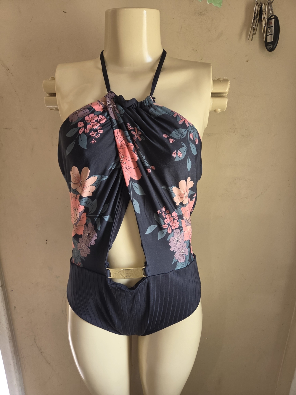 Navy Floral Halter One-Piece Swimsuit — Pink Floral Accent
